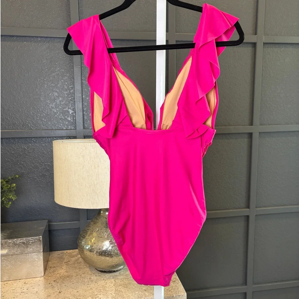 J Crew Womens 10 Pink Fuchsia One Piece V-Neck Ruffle Swimsuit Bathing Suit NWT